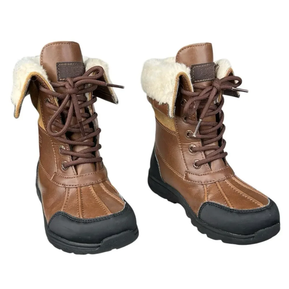 UGG Kids Butte Brown Leather Cuffed Winter Boot Size US 13